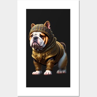 Badass Bulldog Puppy in Golden Chainmail Armor and Helmet Posters and Art